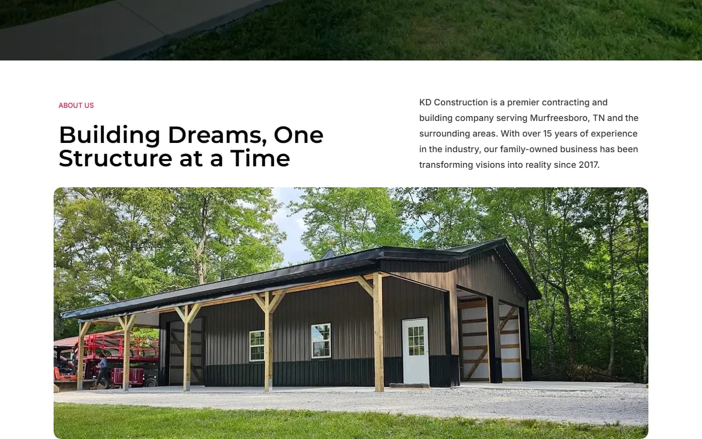 KD Construction — desktop, below the fold