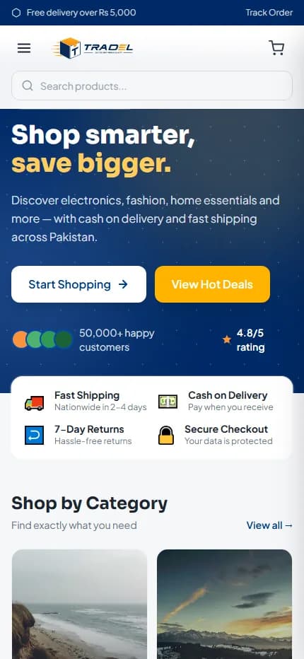 Tradel Store — mobile view
