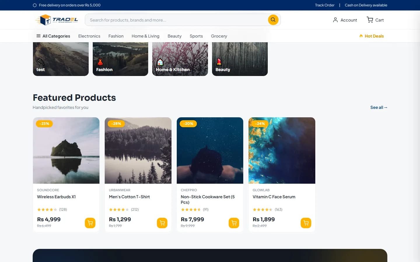 Tradel Store — desktop, below the fold